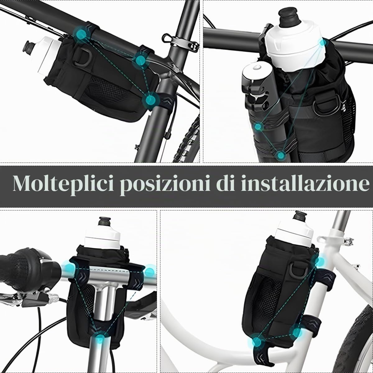 Portaborraccia bici, portabottiglie per bicicletta con tasca in rete chiusura a coulisse, porta borraccia tracolla senza viti,adatto per mountain bike, bici da città, moto, carrozzine