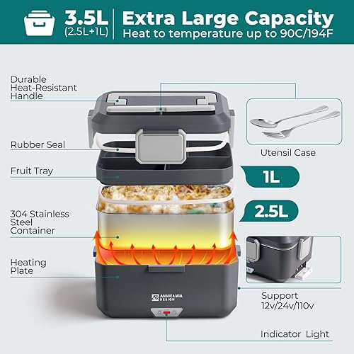Miniatura 4 de Annie & Mia Design Fiambrera eléctrica para adultos, 100 W, 3.5 L, calentador de alimentos portátil de 2 capas, modo dual de 2.5 L + 1 litro,