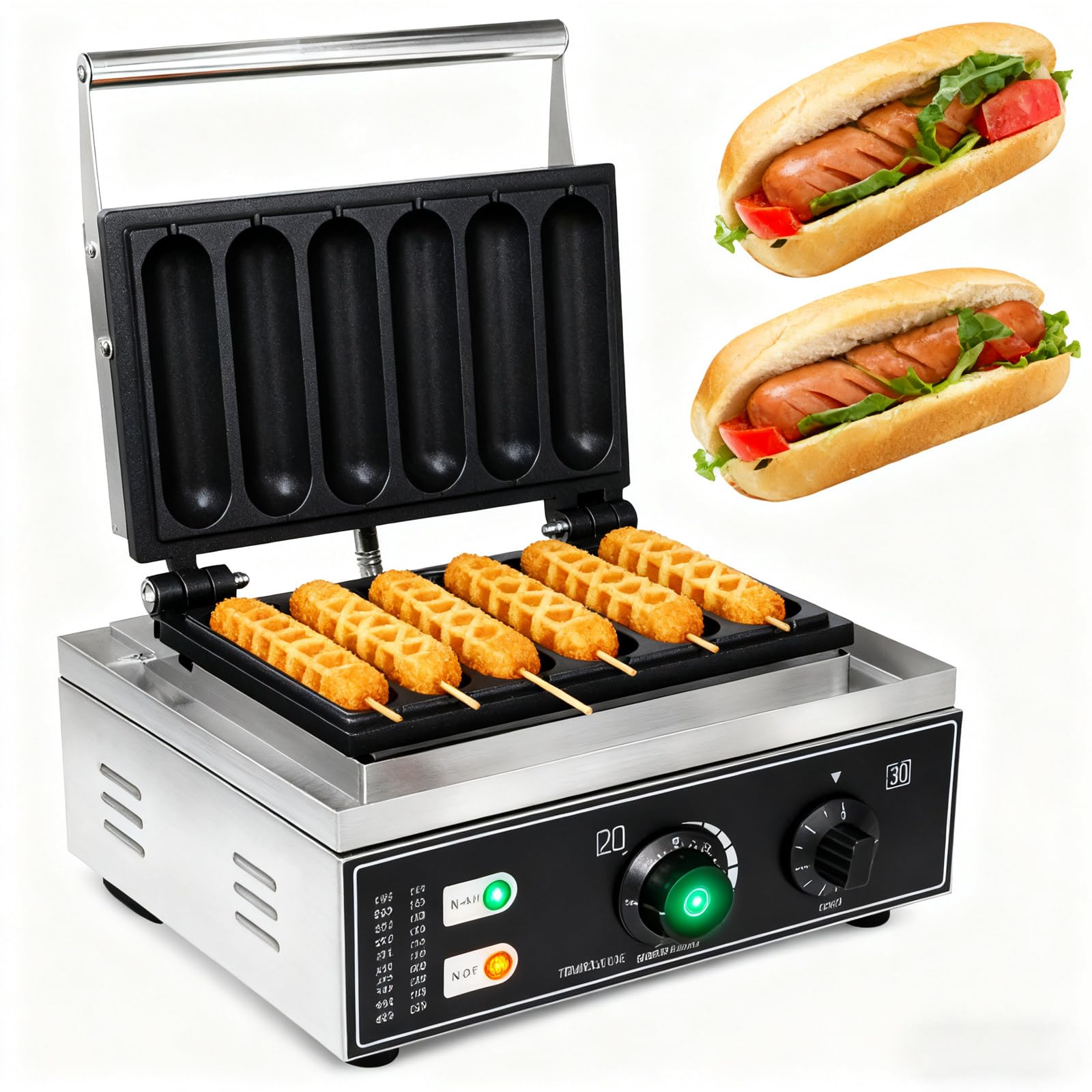 Máquina para Hacer Gofres Comercial De Alta Resistencia, Paquete De 6, Potente Motor De 1550 W, Control De Temperatura Ajustable, Temporizador De 0 A 5 Minutos, Bandeja para Hornea