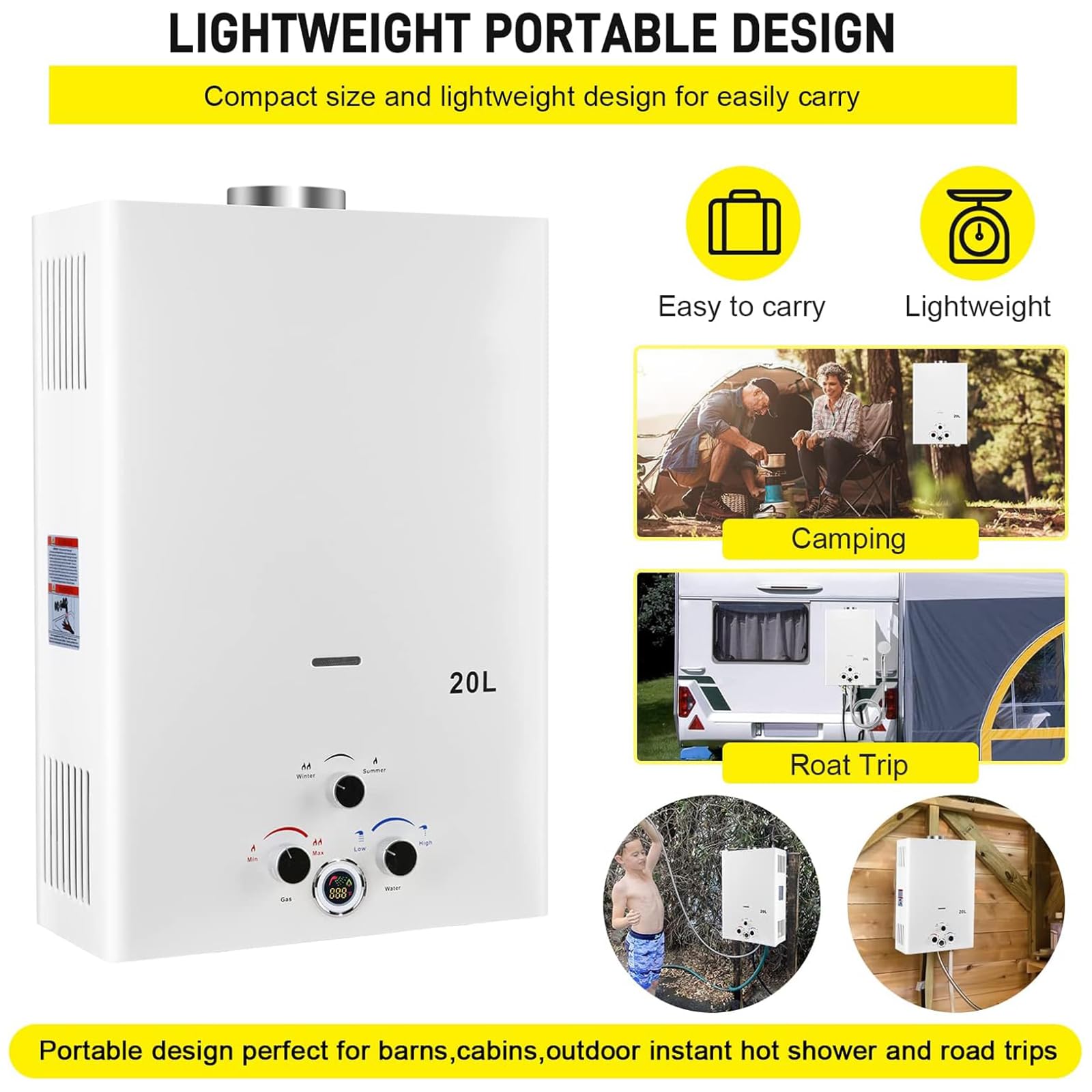 Gas Durchlauferhitzer, 20L Propan-Durchlauferhitzer mit Batteriezündung, Durchlauferhitzer Tankless Water Heater mit Digitalanzeige, Multi-Schutz[Energieklasse A]