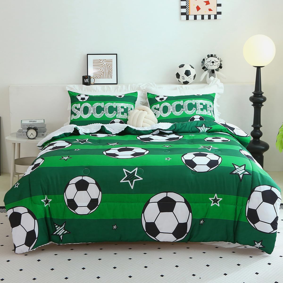 Boys Soccer 3 Piece Comforter Set with 2 Pillowcases Twin Size Bed 3D Football Playground Sports Bedding Set for Kids Microfiber Comforter All Season Green - Image 4