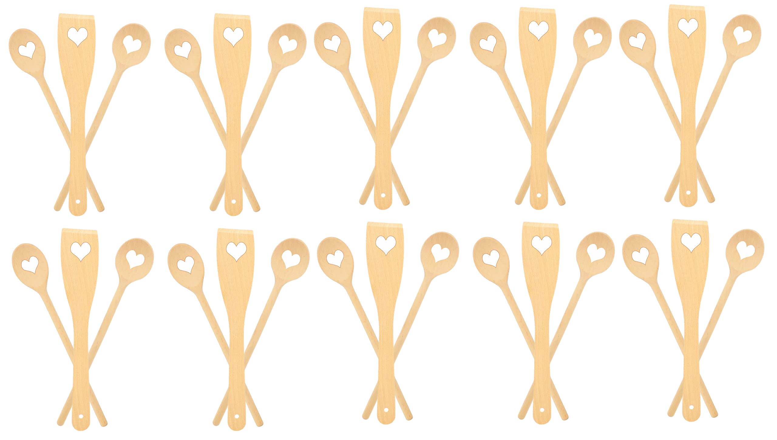 teemando® 10 X 3-teiliges Koch-Set mit Herz, 30cm, Buchenholz, 2X Kochlöffel und 1 X Pfannenwender