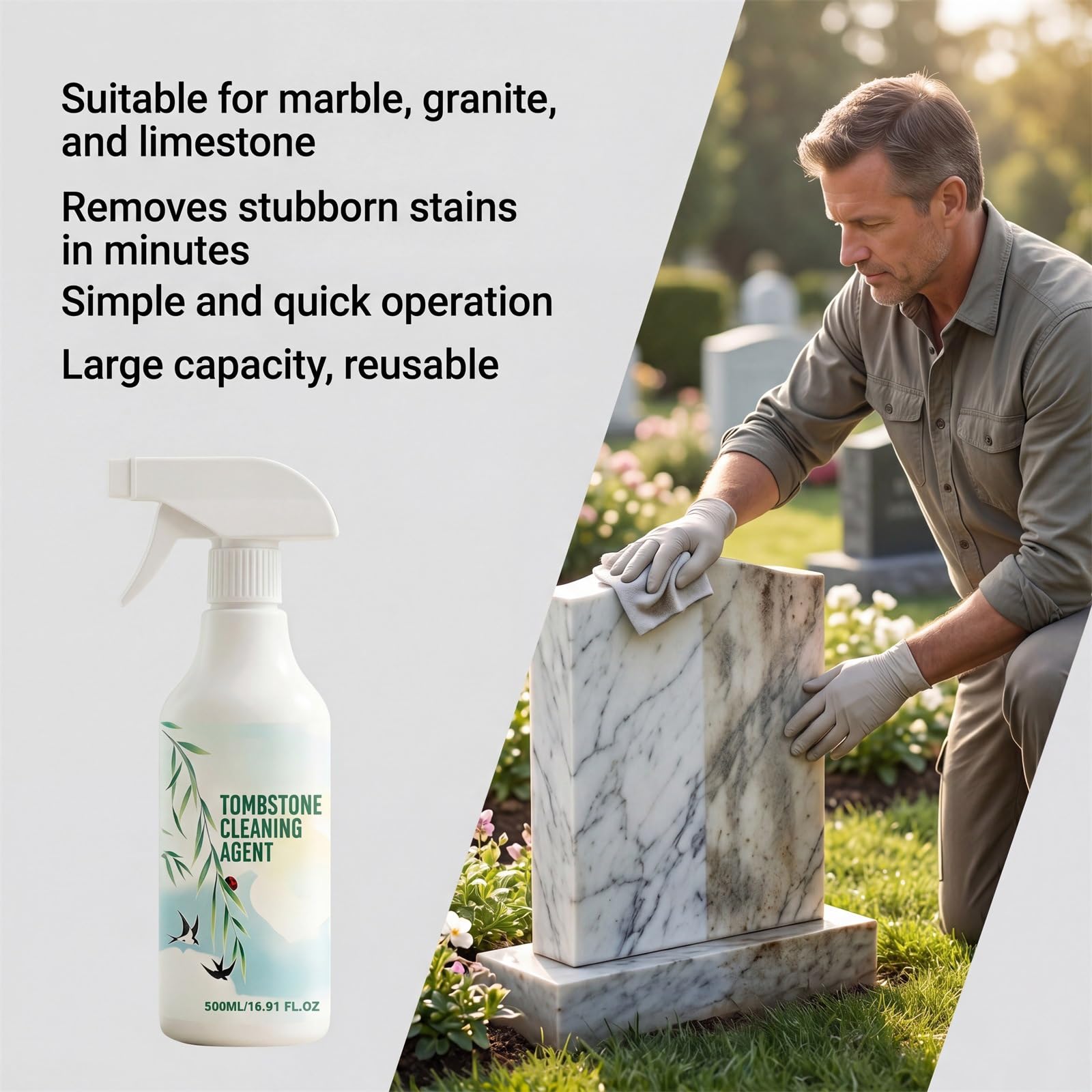 Spray limpiador de lápidas y lápidas para granito, mármol y piedra natural, cuidado conmemorativo de cementerio al aire libre de 500 ml con revitalizador protector y revestimiento protector resistente