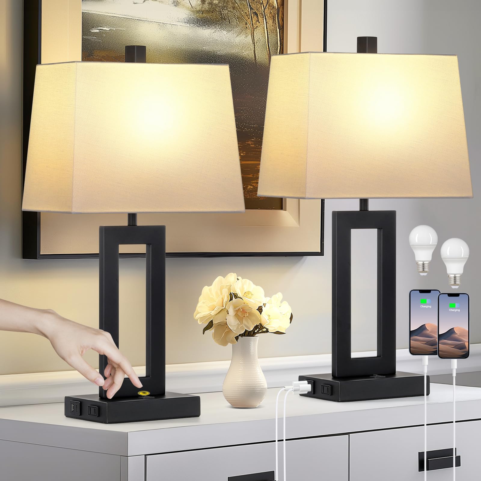 Lamp Shade Desk Lamp With Power Outlet Table Lamp Set Of With USB C+A, image size:1600x1600