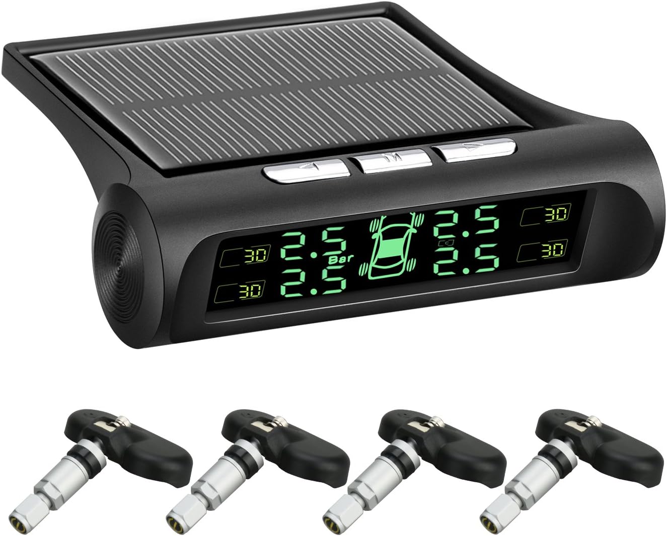 RoadRover Auto TPMS Tire Pressure Monitor System, Digital Tpms System, Solar Power Wireless LCD Display,Tire Pressure Gauge with 4 Internal Sensors for Home Car #T18 (Black)