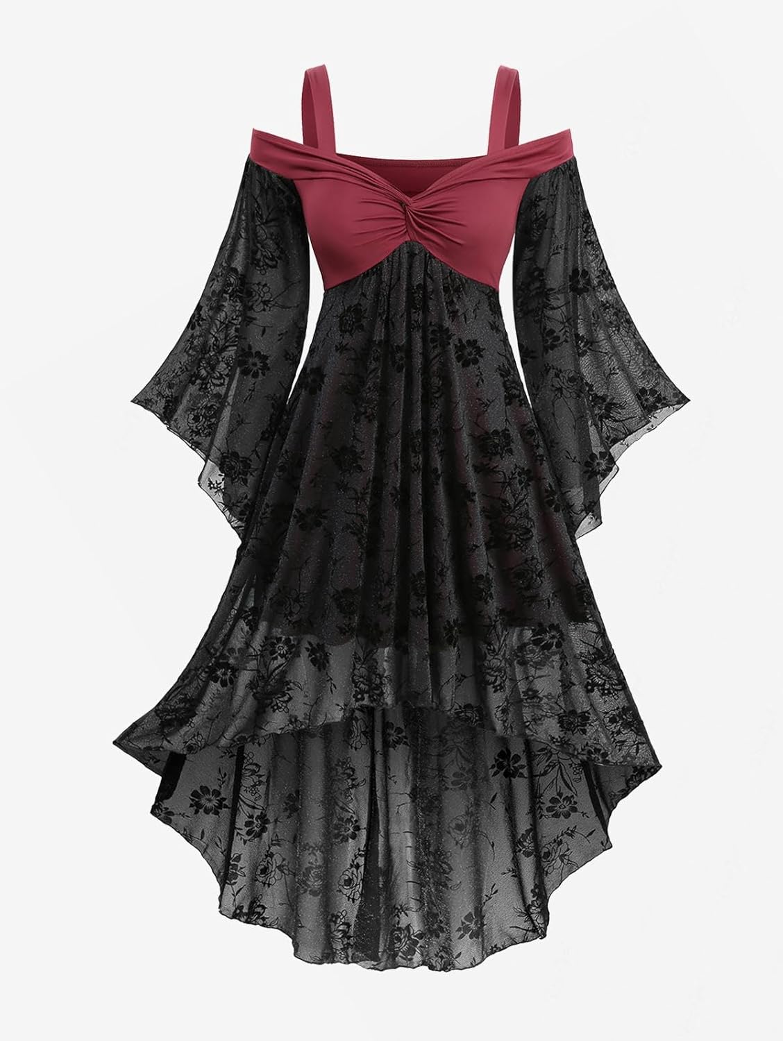 DRESSFO Women's Asymmetrical Twist Midi Dress – Cold Shoulder Glitter Floral Dress with Flare Sleeves - Image 6