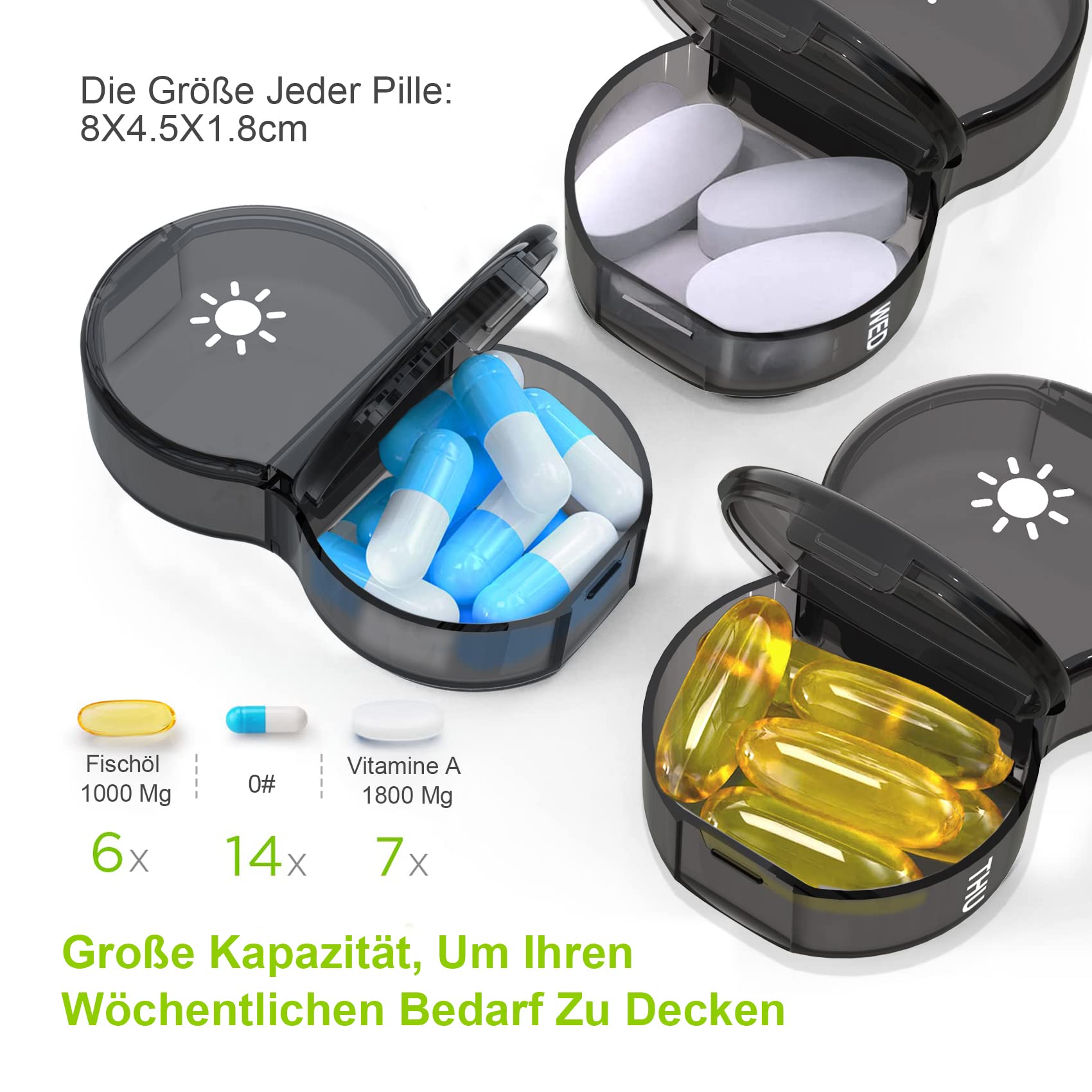 Pudełko na tabletki, 7 dni, niemieckie, 7 dni, tygodnie, pudełko na tabletki, 7 dni, małe, łatwe do otwarcia, w podróży