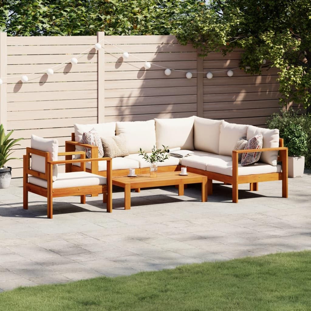 IKAYAA Sofá para jardín de Madera de Acacia, Sofa Jardin Exterior, Sofá de Esquina para Jardín Resistente a la Intemperie, Conjunto Jardín, Muebles Jardín Exterior 5 plazas-Type-3 Blanco Crema
