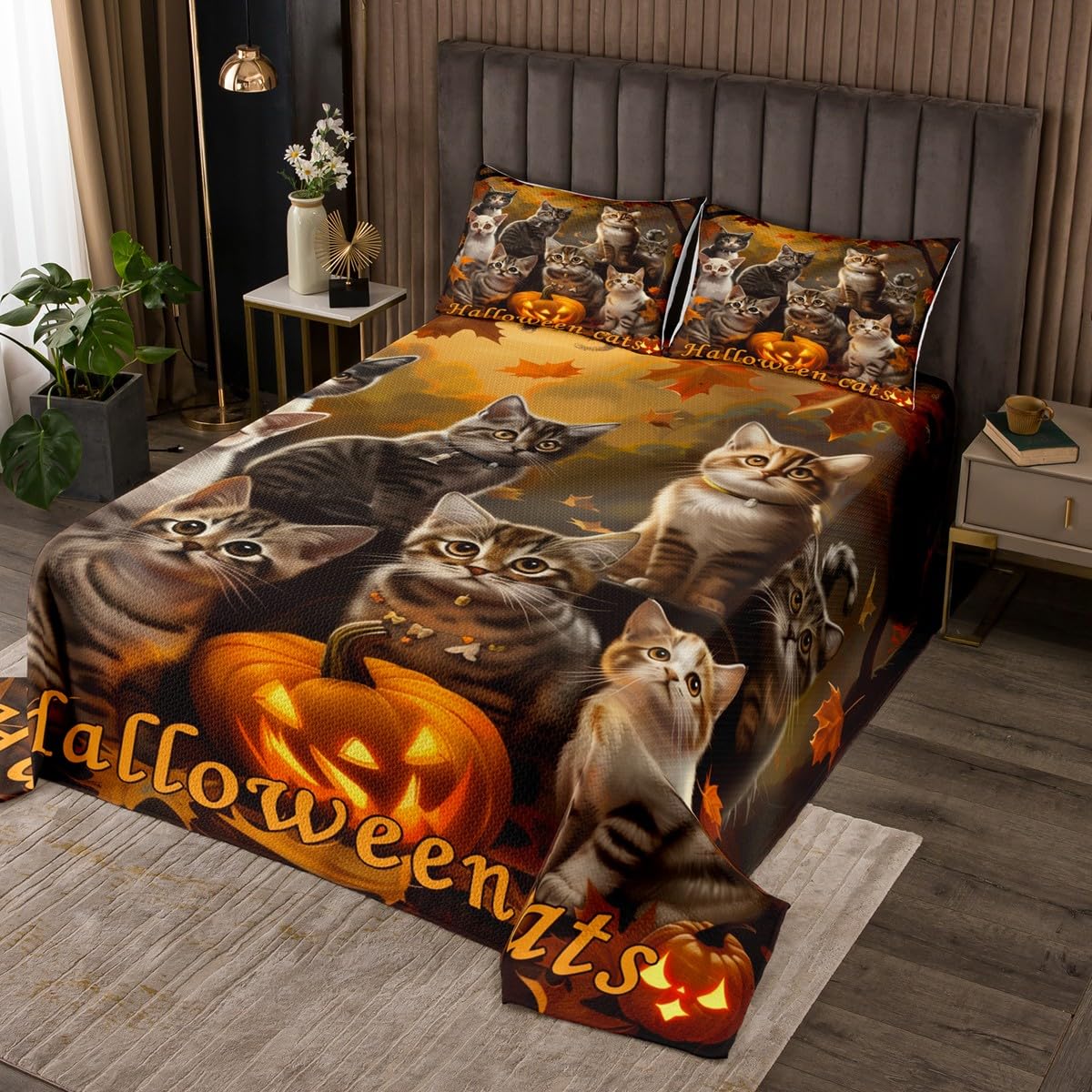 Couvre-lit chats d'Halloween Manfei pour transformer la chambre d'enfant en automne