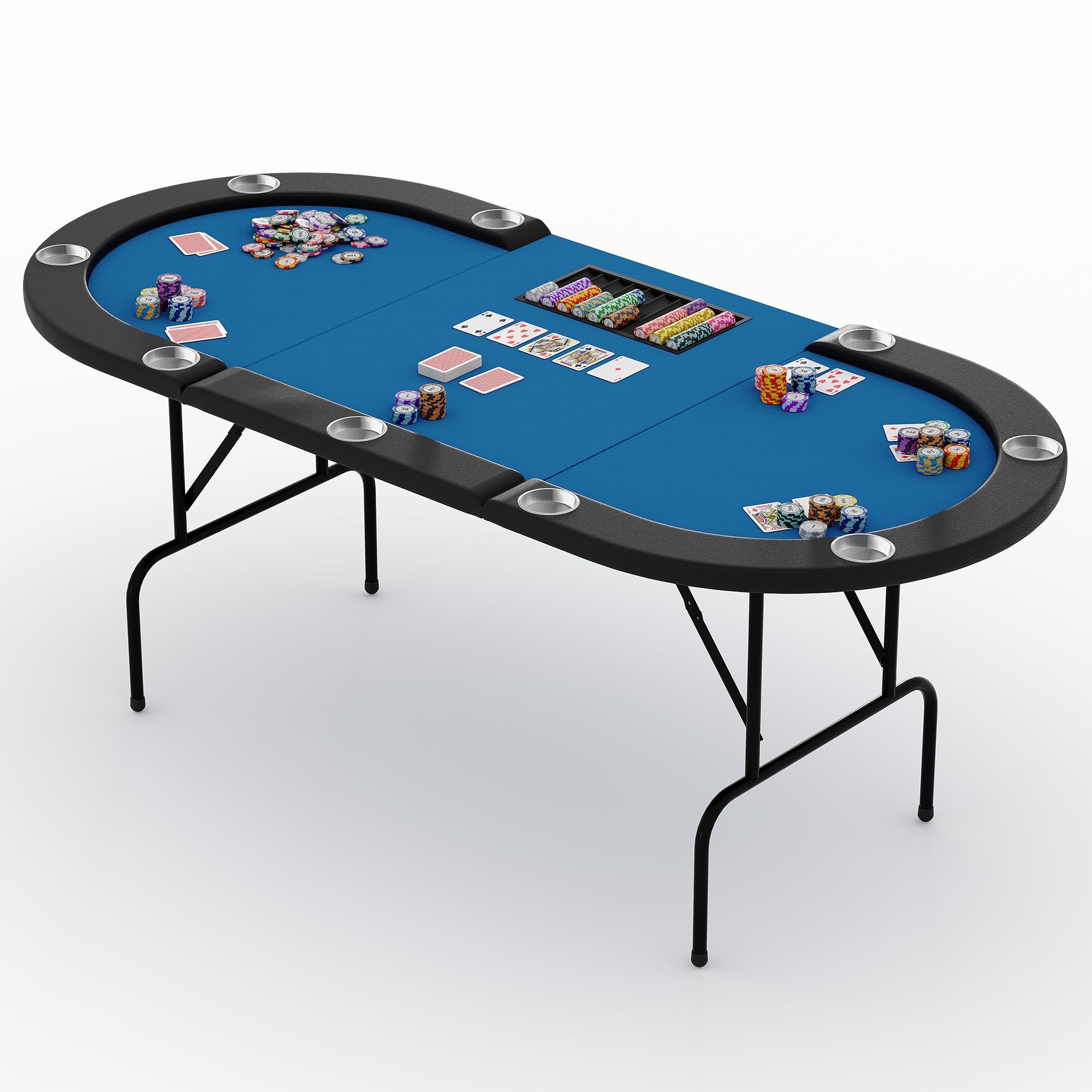 Garvee Klappbarer Pokertisch für 8-10 Personen, Ovaler Casino Spieltisch mit Blauem Filz, 207x106x75cm