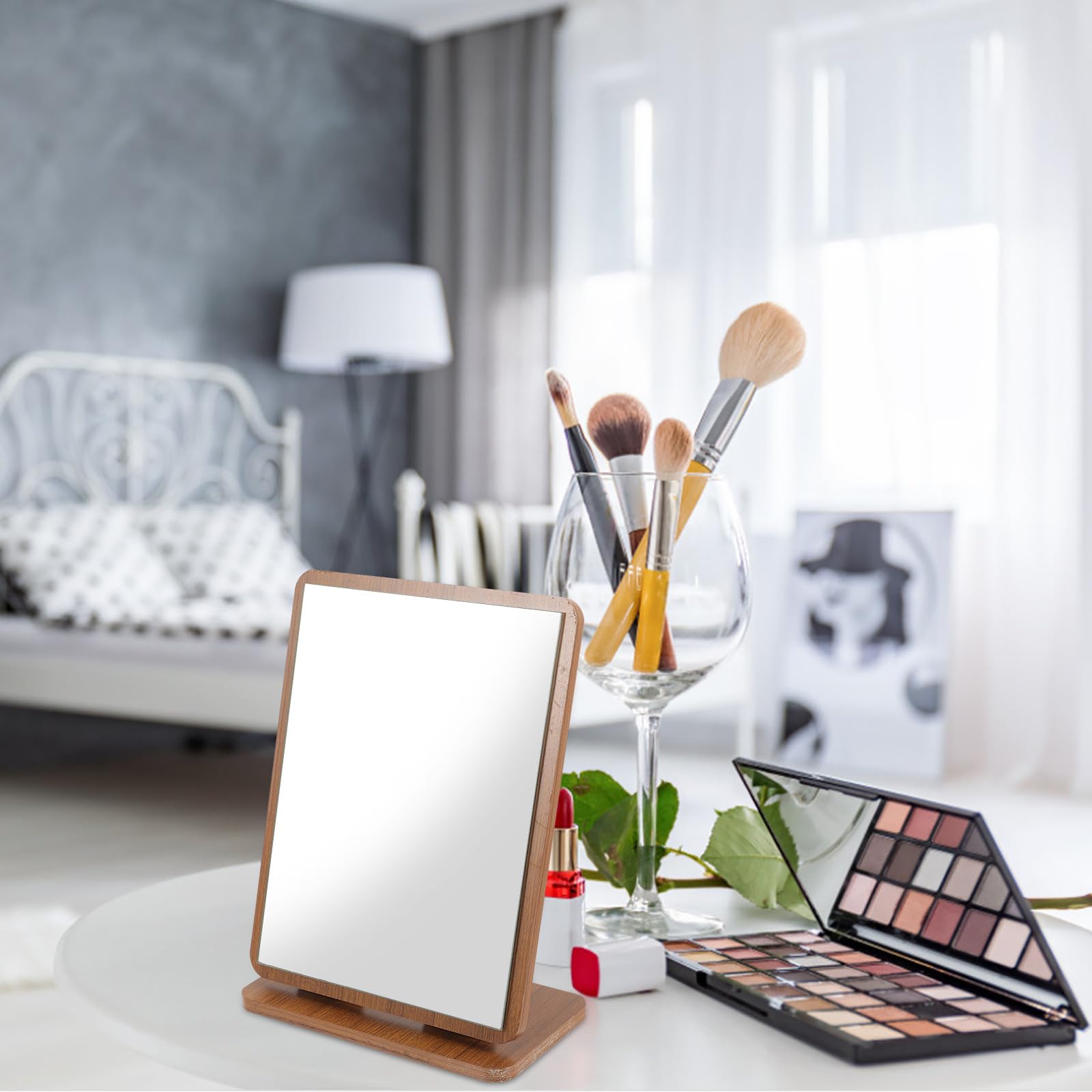 Specchio Cosmetico da Tavolo in Legno Marrone Vetro Regolabile per Trucco e Cura della Pelle, Elegante per Camera da Letto e Casa