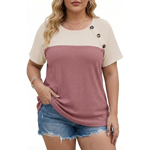 Eytino Women Plus Size Tops Crewneck Short Sleeve T Shirts Color Block Casual Loose Summer Tees 1X-5X