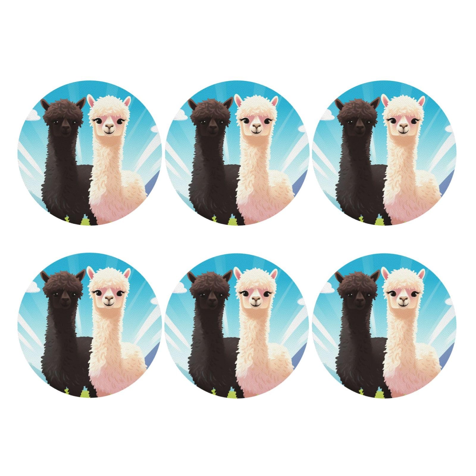 6pcs Leather Coasters for Drinks, Alpaca Drink Coasters for Tabletop Protection, 4" Cup Coasters for Coffee Table Decor, Non-Slip Drinking Cup Mat for Hot Or Cold Drink