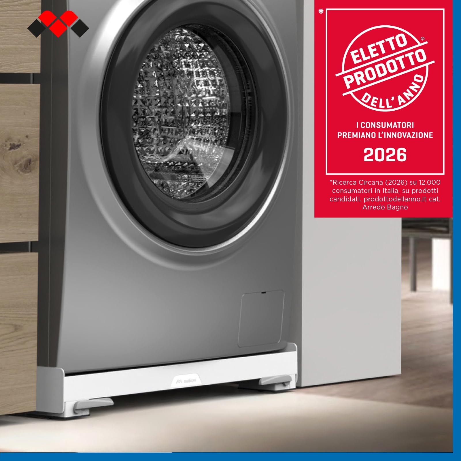 Meliconi BASE MOVE EVO SIOC, Base per Lavatrice con Ruote e Freni, Imballo ecologico e Anti Rottura, per elettrodomestici standard 60x60cm, supporta 250kg, anche per colonna bucato, bianca