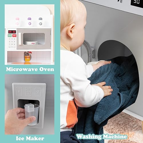 Miniatura 4 de HONEY JOY Juego de cocina para niños, 3 piezas, modular de madera de esquina, juego de cocina, refrigeradorlavadora y fregadero, campana extractora