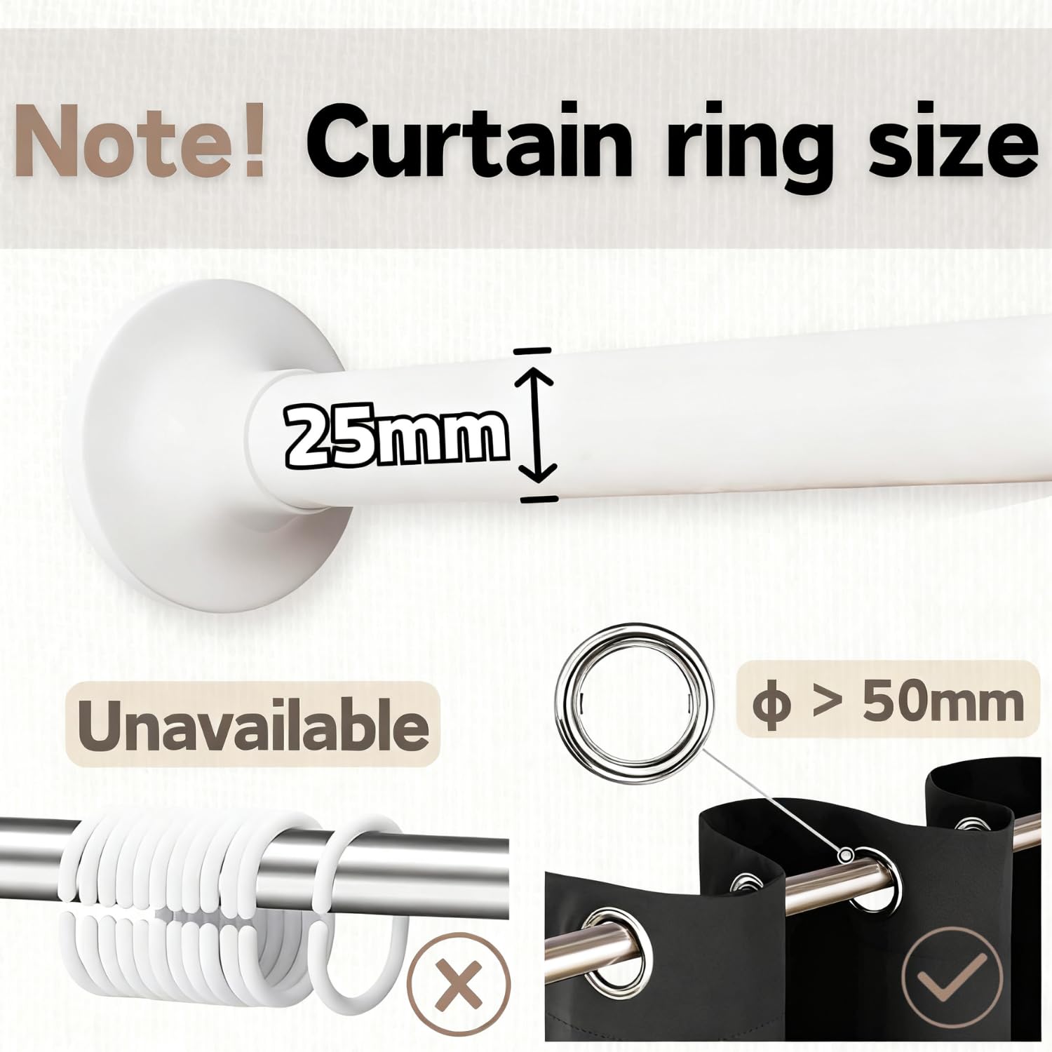 Shower Curtain Pole 69-90CM φ25mm White Extendable Curtain Rod No Drilling Telescopic Pole Stainless Steel Tension Rods for Living Room Bedroom - Image 3