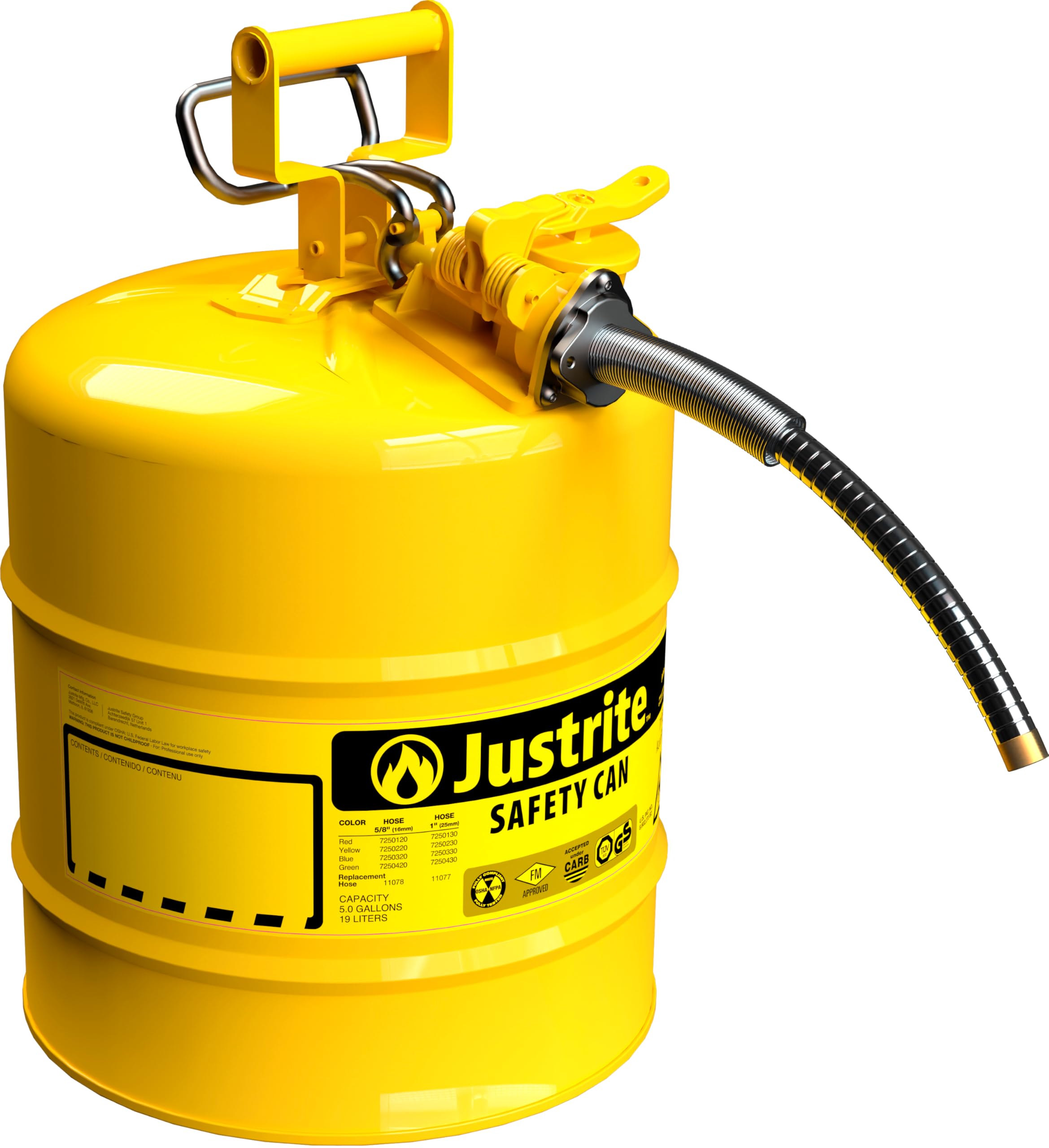 Justrite 5 Gallon Type II Yellow Safety Can for Diesel with Flame Arrester, Self-Closing Lid, and 5/8" Flexible Metal Spout, Made in the USA, Galvanized Steel Flammable Storage Can, 7250220