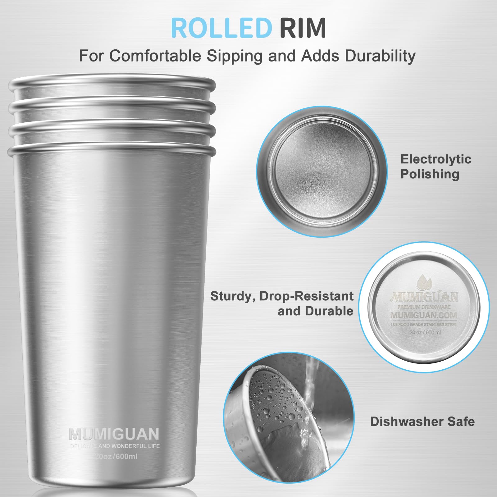 MUMIGUAN Stainless Steel Cups 20oz/600ml (4 Pack), Stainless Steel Pint Tumbler, Camping Stainless Steel Cups, Stackable Metal Drinking Glasses, BPA Free, Stackable, Durable.