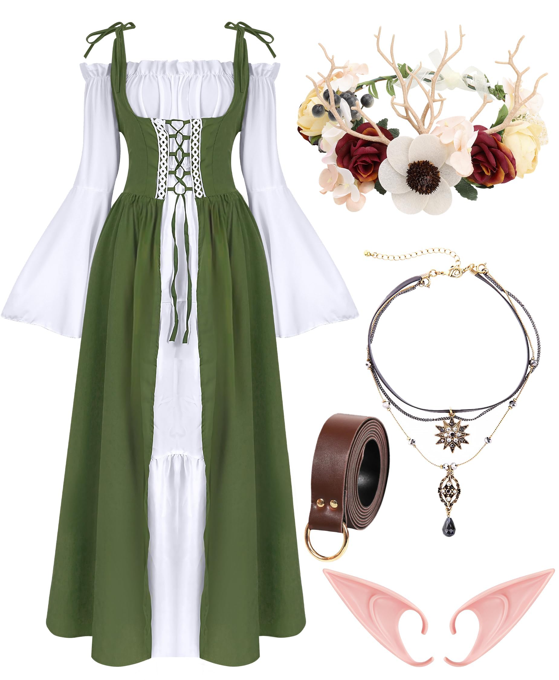 VillbeCoser Renaissance Dresses Medieval Costume for Women Flower Crown Elf Ear Choker Necklace Leather Belt Fairy