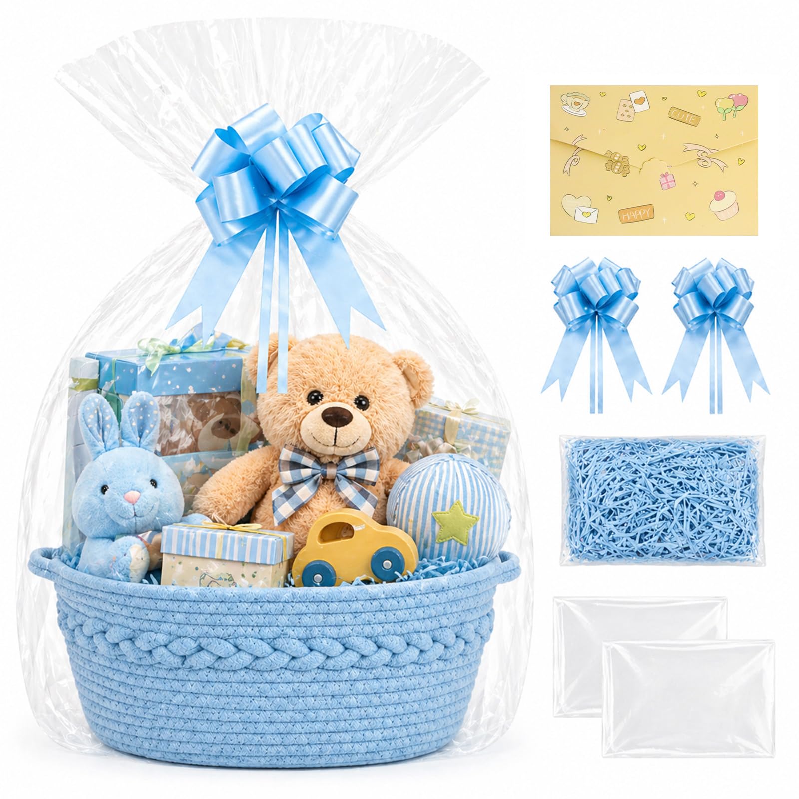 Gift Basket Hamper Kit, Small Woven Basket Empty Gift Baskets with Cellophane Wrap, Raffia & Bows Greeting Cards Complete DIY Hampers Set for Baby Shower Wedding Birthday Housewarming (Blue)