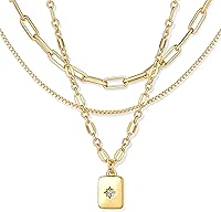 YEEZII 3-Piece 14K Gold Plated Layered Necklace Set for Women - Trendy Paperclip Box Chain Pendant Choker Stackable Jewelry