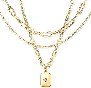 YEEZII 3-Piece 14K Gold Plated Layered Necklace Set for Women - Trendy Paperclip Box Chain Pendant Choker Stackable Jewelry
