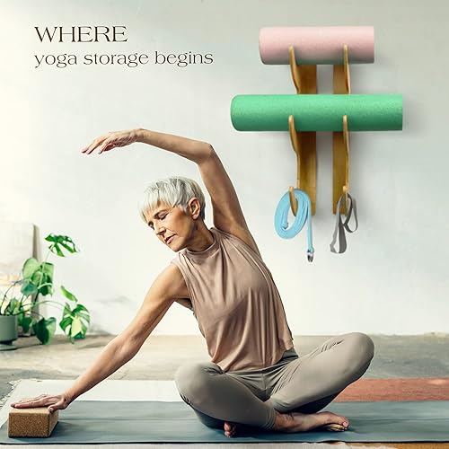 Miniatura 5 de Yes4All - Soporte para rodillos de espuma de madera para montaje en pared, soporte para tapete de yoga, almacenar accesorios y decoración de