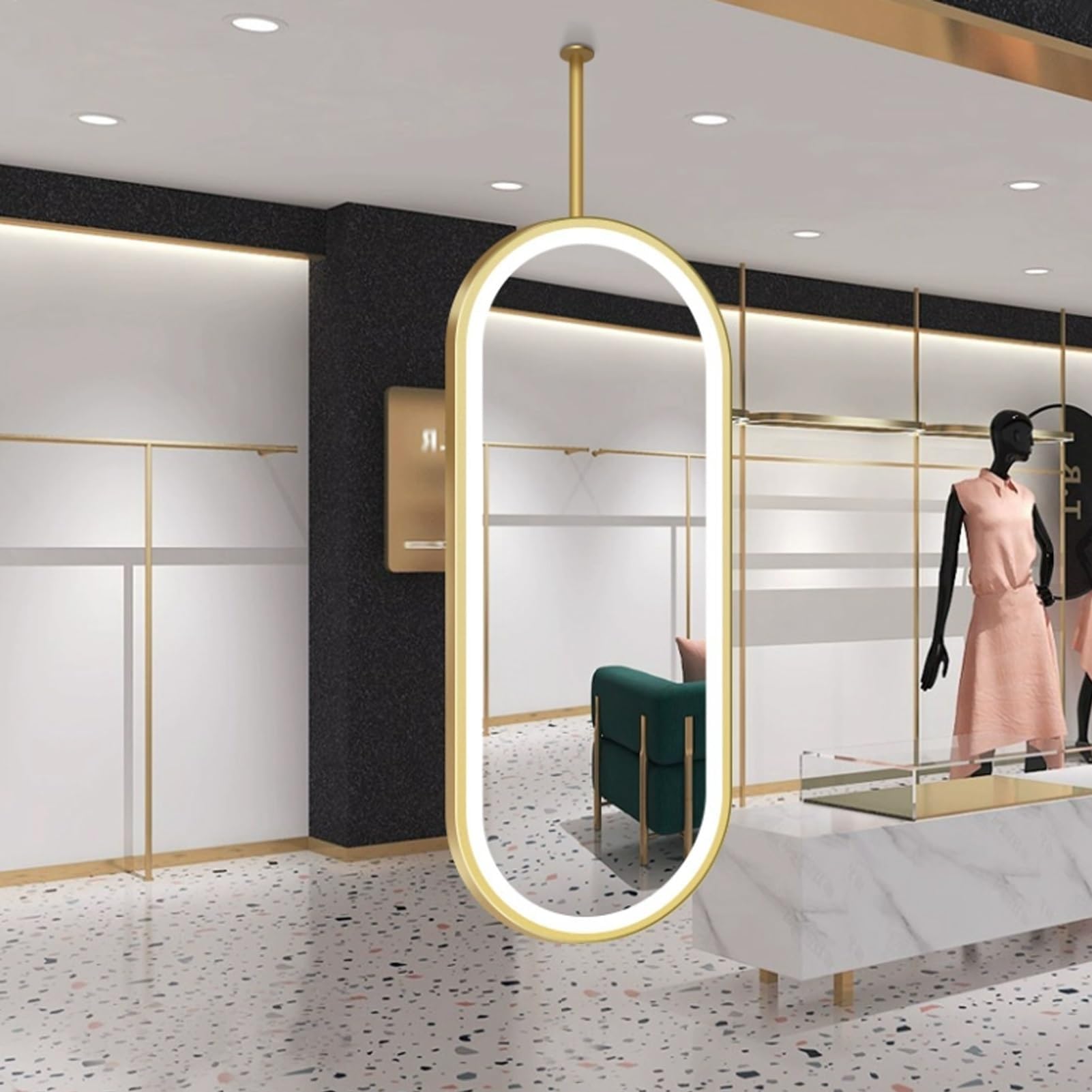 QICBYING Oval Ceiling Mounted Mirror With Light, Metal Frame Ceiling Hanging Bathroom Mirror, Hanging Rod Mirrors With LED Light, For Bedroom Cloakroom Living Room(60x100CM)