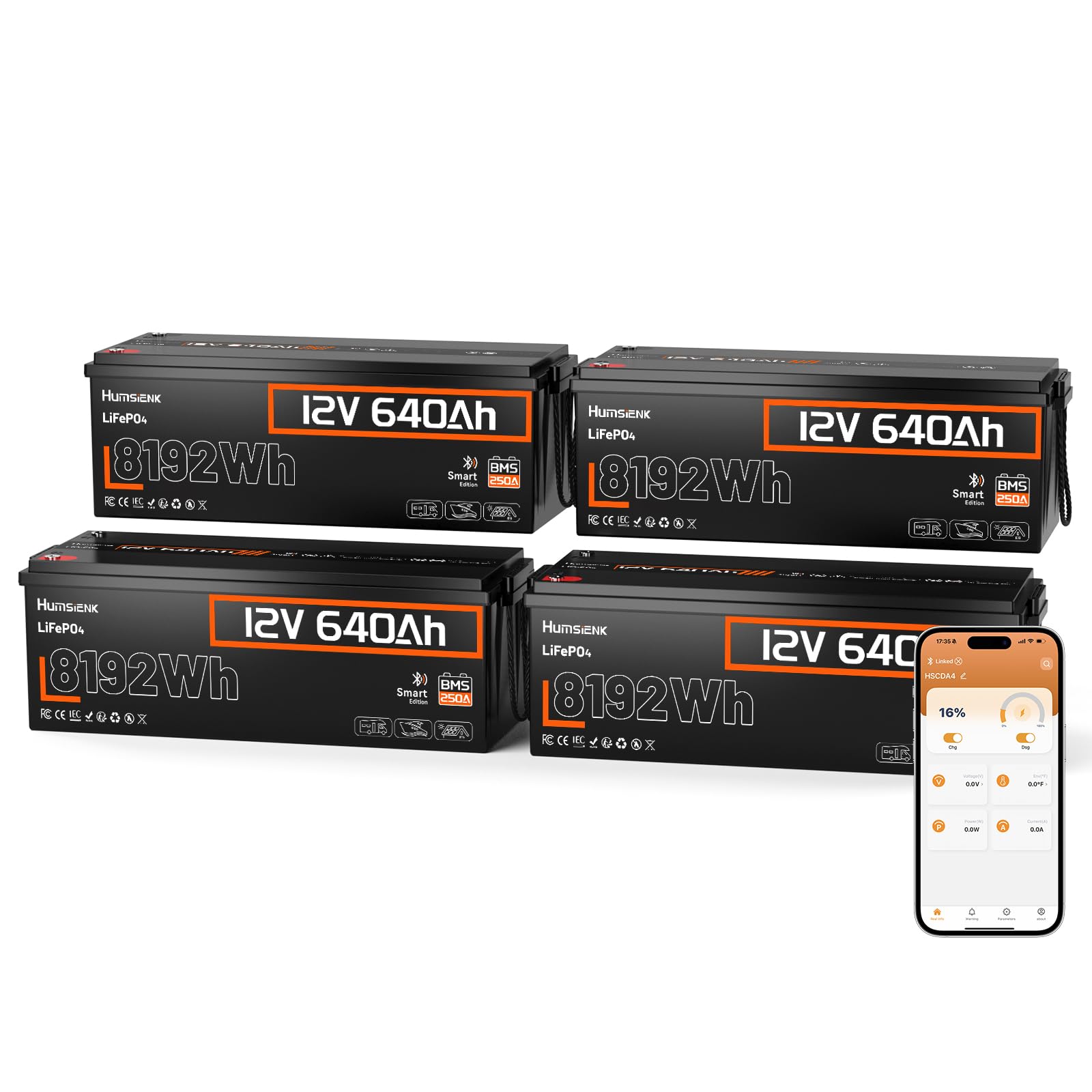 HumsiENK 12V 640Ah LiFePO4 Battery 4Pack, 8.19kWh, 250A BMS Lithium Battery