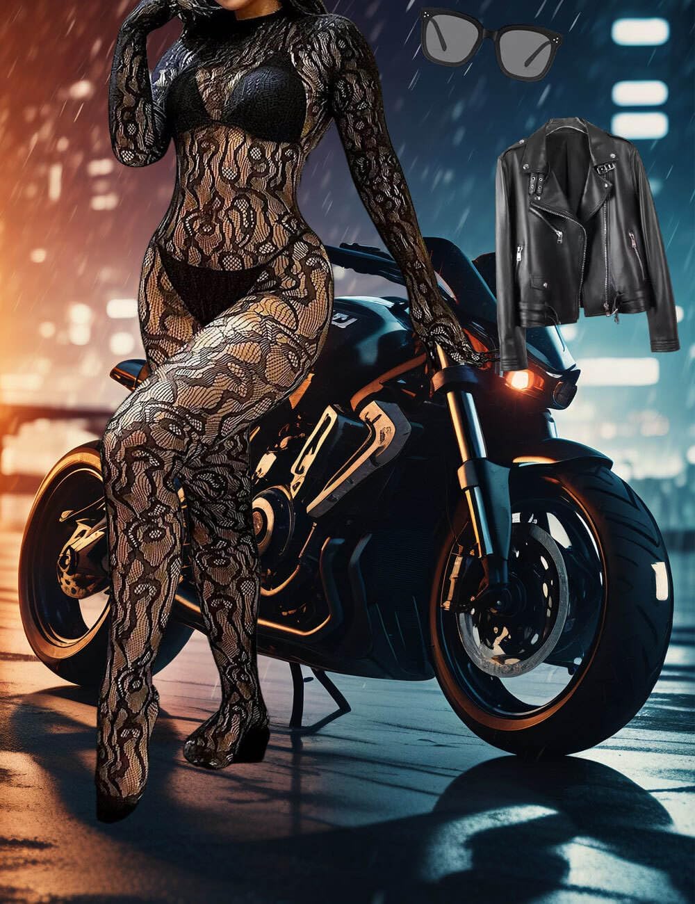 Women Sexy Fishnet Full Bodysuit, Mesh Lace Poster Jumpsuit Glow Party Rave Outfits, Body Stockings Halloween Costume - Image 4