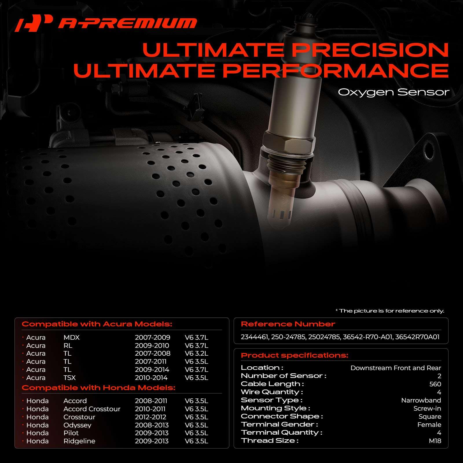 A-premium Sonda lambda compatibile con Honda Accord, Crosstour, Odyssey, Pilot, Ridgeline e Acura Mdx, Rdx, Rl, Tl, Tsx, Zdx, 3,2 l, 3,5 l, 3,7 l, Downstream, set da 2 pezzi, ricambio # 36542R70A01