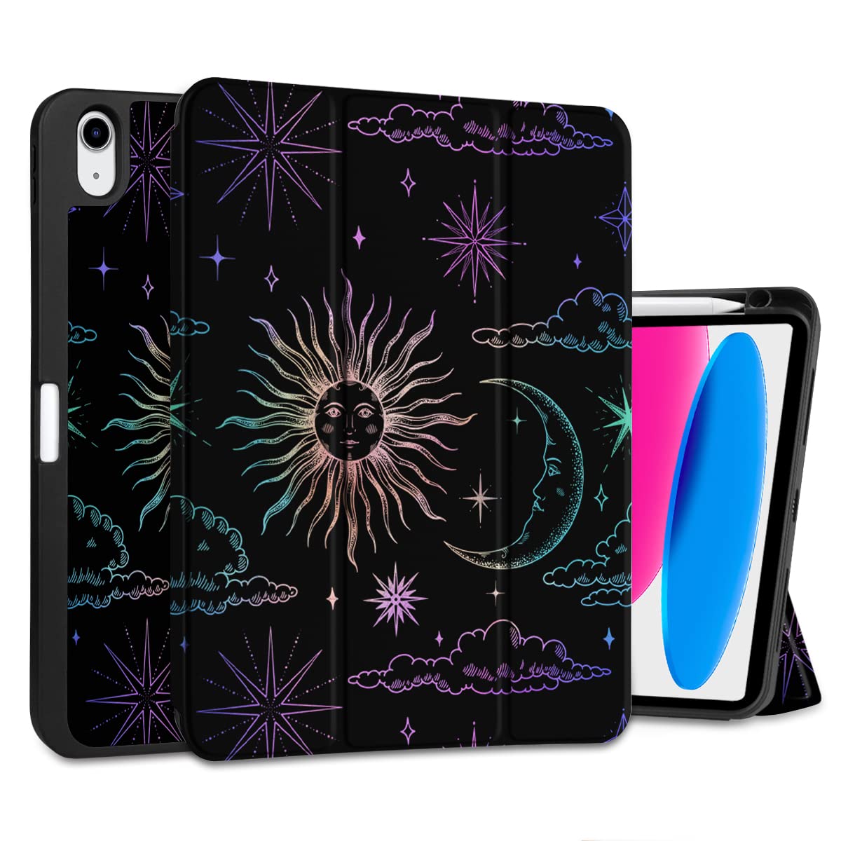 DONGKE Case for iPad 10th Generation 10.9 Inch 2022, Trifold Stand + Pencil Holder + Auto Wake/Sleep + Soft TPU Protective Stand Back Cover, Sun & Moon