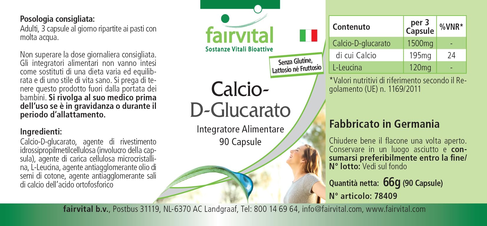 fairvital Glucarato de calcio, 90 cápsulas, 1500mg, de los cuales 195mg son calcio por dosis diaria, calidad certificada y alta dosis, 100% vegano, fabricado en Alemania