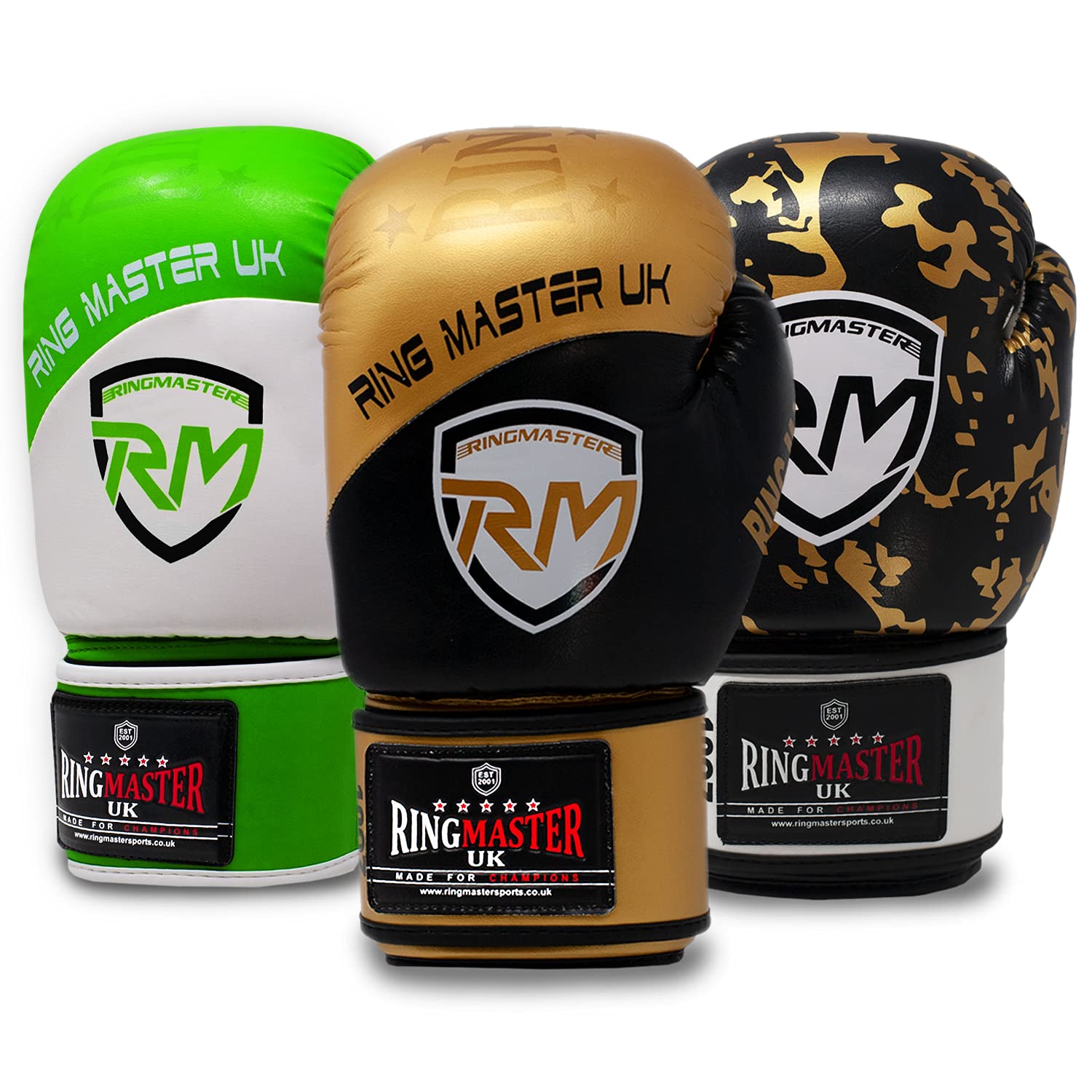 RingMaster Boxing Gloves Bag Punch Focus Mitts Training MMA Sparring Martial Arts kickboxing (Gold-Black, 16oz)