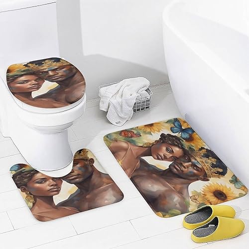 Miniatura 4 de Juego de 4 cortinas de ducha románticas de amor negro afroamericano con alfombra y tapa de inodoro, cortina de baño moderna con 12 ganchos