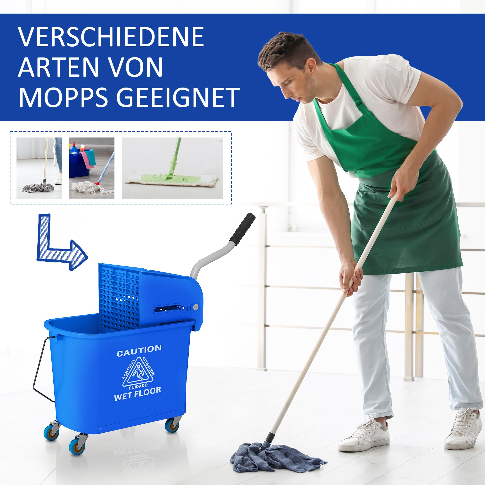 HOMCOM Putzwagen Reinigungswagen mit Wischmopp Presse 20 L Eimer mit Trennwand für Gebäudereinigung Hotel Blau