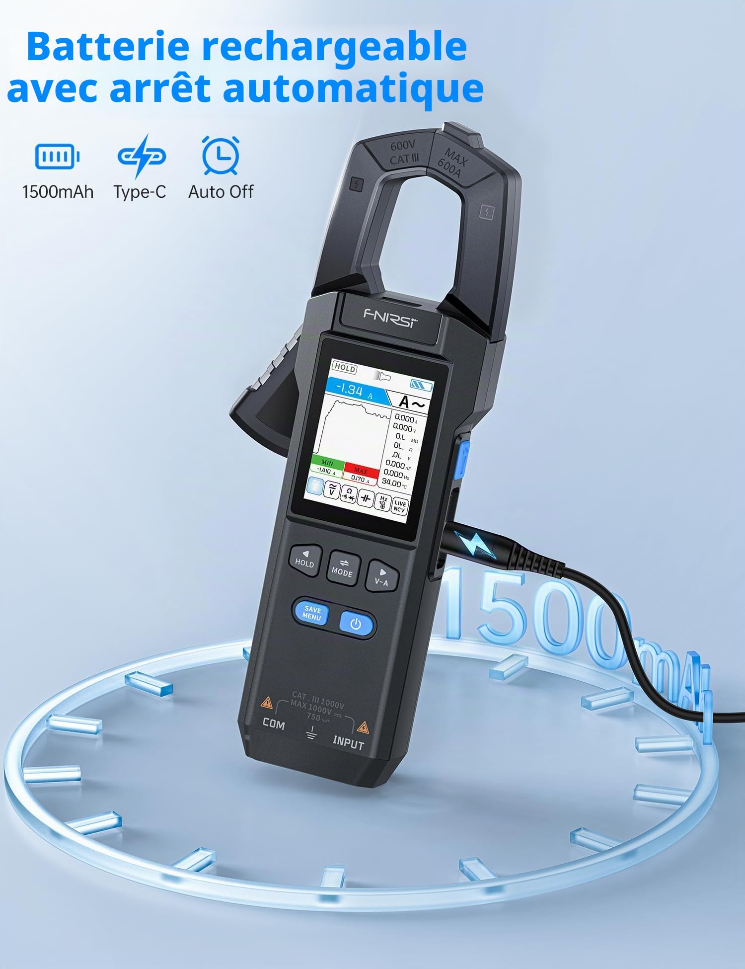 FNIRSI DMC-100 Pince Ampèremétrique Numérique Multimètre TRMS 9999 Points 600A Rechargeable NCV Tension CA/CC Courant Continuité