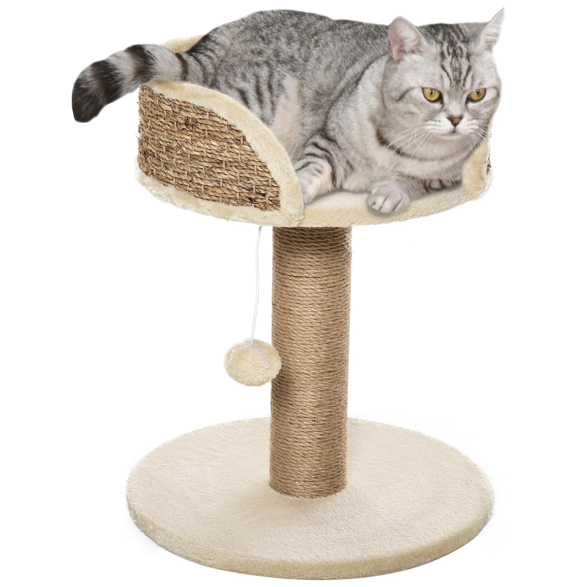 PawHut Arbre à Chat Arbre à Grimper grattoir Design Jeu Pompon Suspendu + Plateforme Peluche - 40 x 40 x 49 cm - Jute café