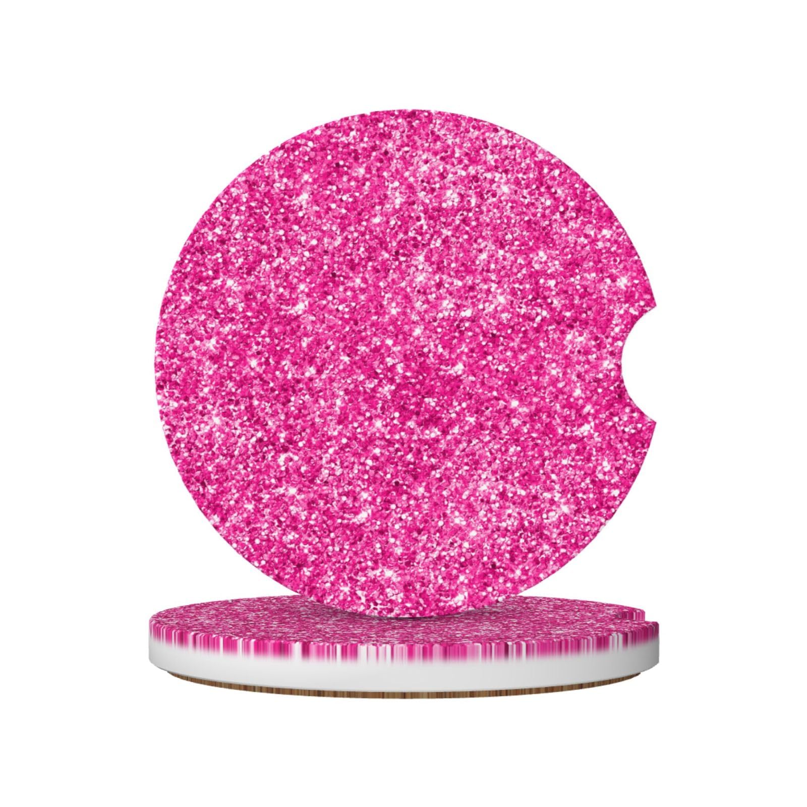 Hot Pink Glitter Print, Car Cup Holder Coasters 2 Pack, Absorbent Ceramic Car Coasters with Non Slip Cork Base