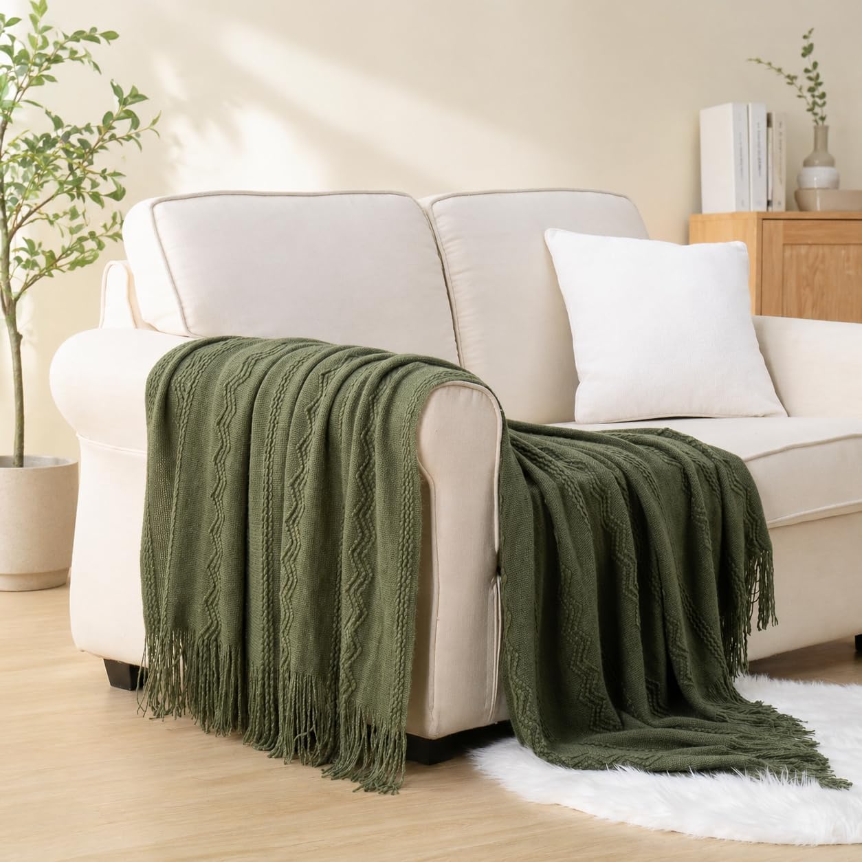 BATTILO HOME Olive Green Throw Blanket for Couch, Soft Army Green Blanket with Tassels for Home Decor, Decorative Knitted Throws for Couch Cover, 50"x60"