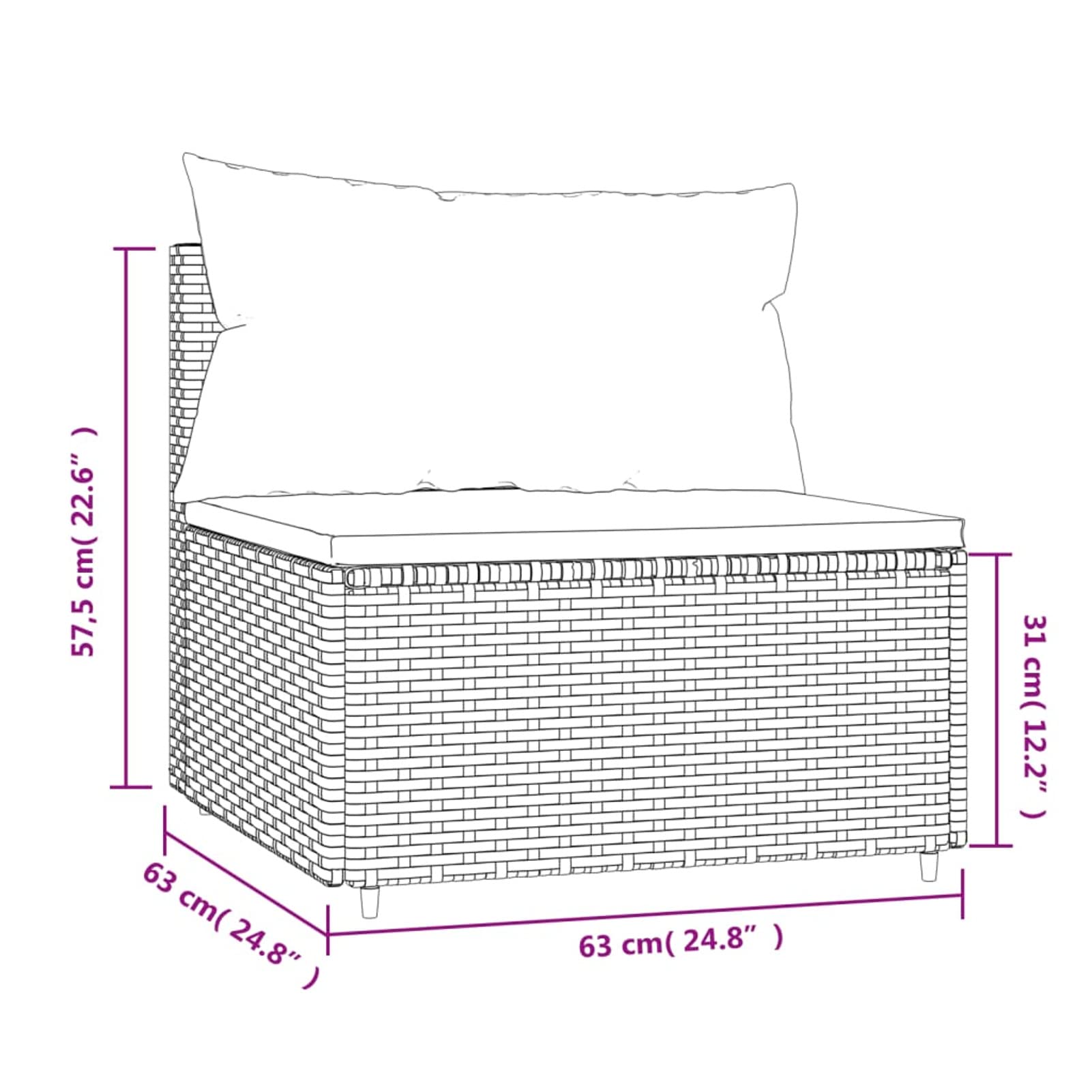 Homgoday Środkowa sofa ogrodowa z poduszkami z szarego polirattanu, rozkładana sofa, salon sofa nowoczesna sofa, meble do wnętrz/na zewnątrz
