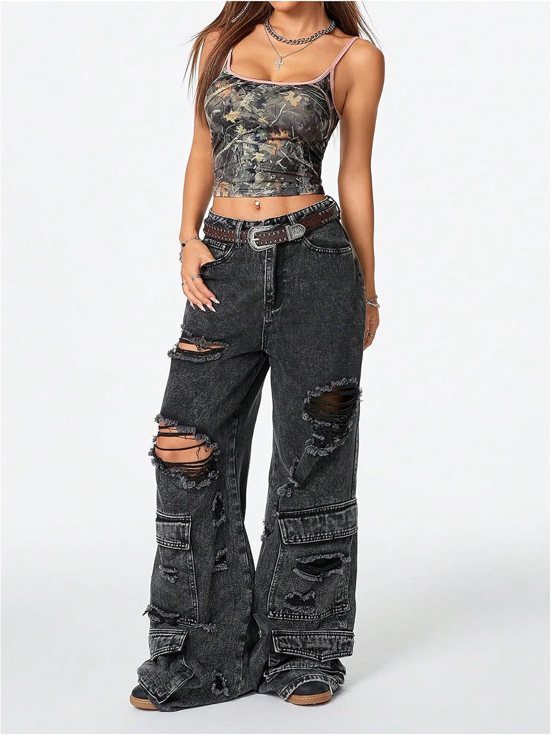 BEAUDRM Women's Y2k Vintage Camo Print Camisole Spaghetti Strap Scoop Neck Cropped Cami Tank