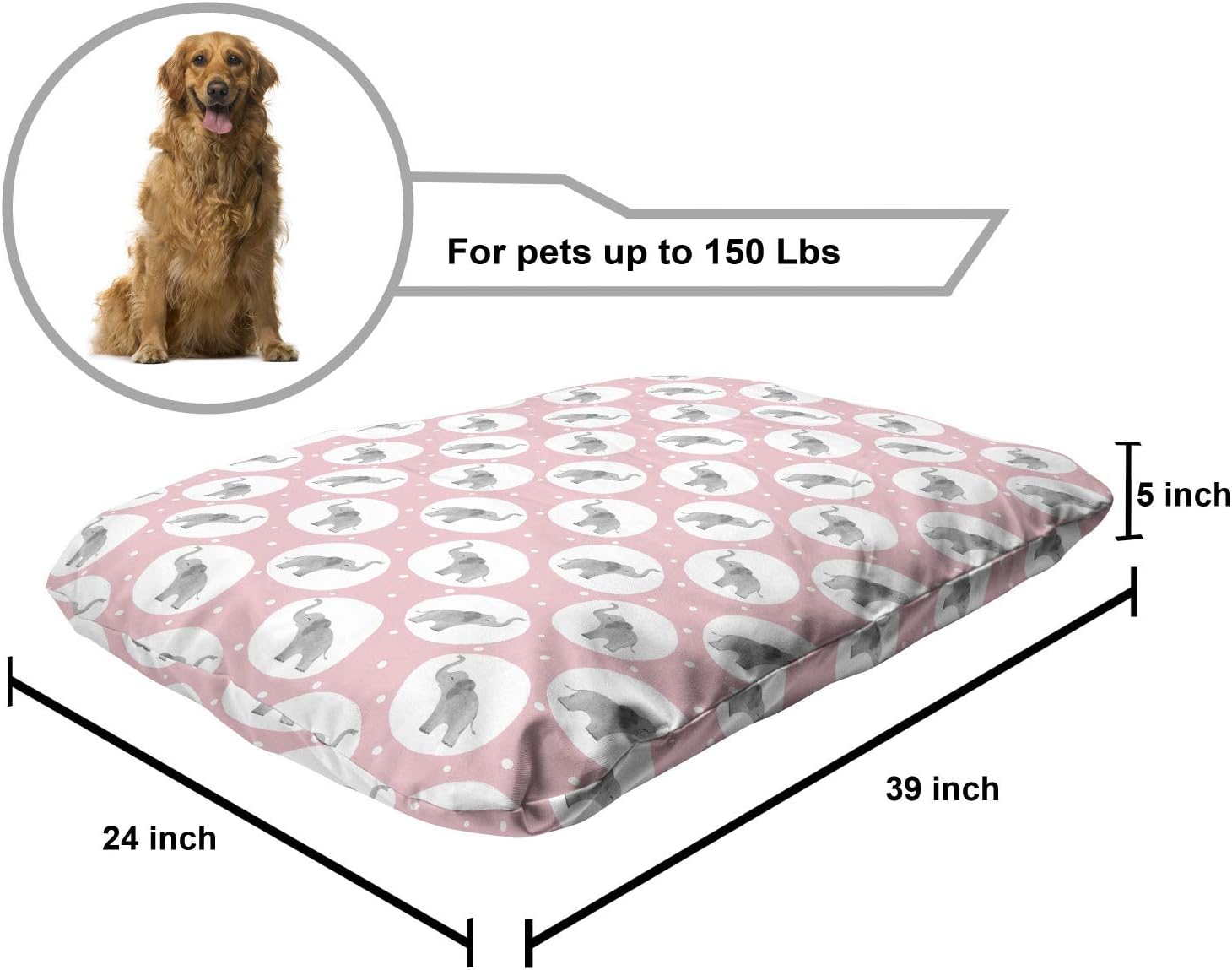 review Lunarable Polka Dots Pet Bed, Watercolor Design Happy Elephants on Rounds Childish Themed Art, Chew Resistant Pad for Dogs and Cats Cushion with Removable Cover, 24