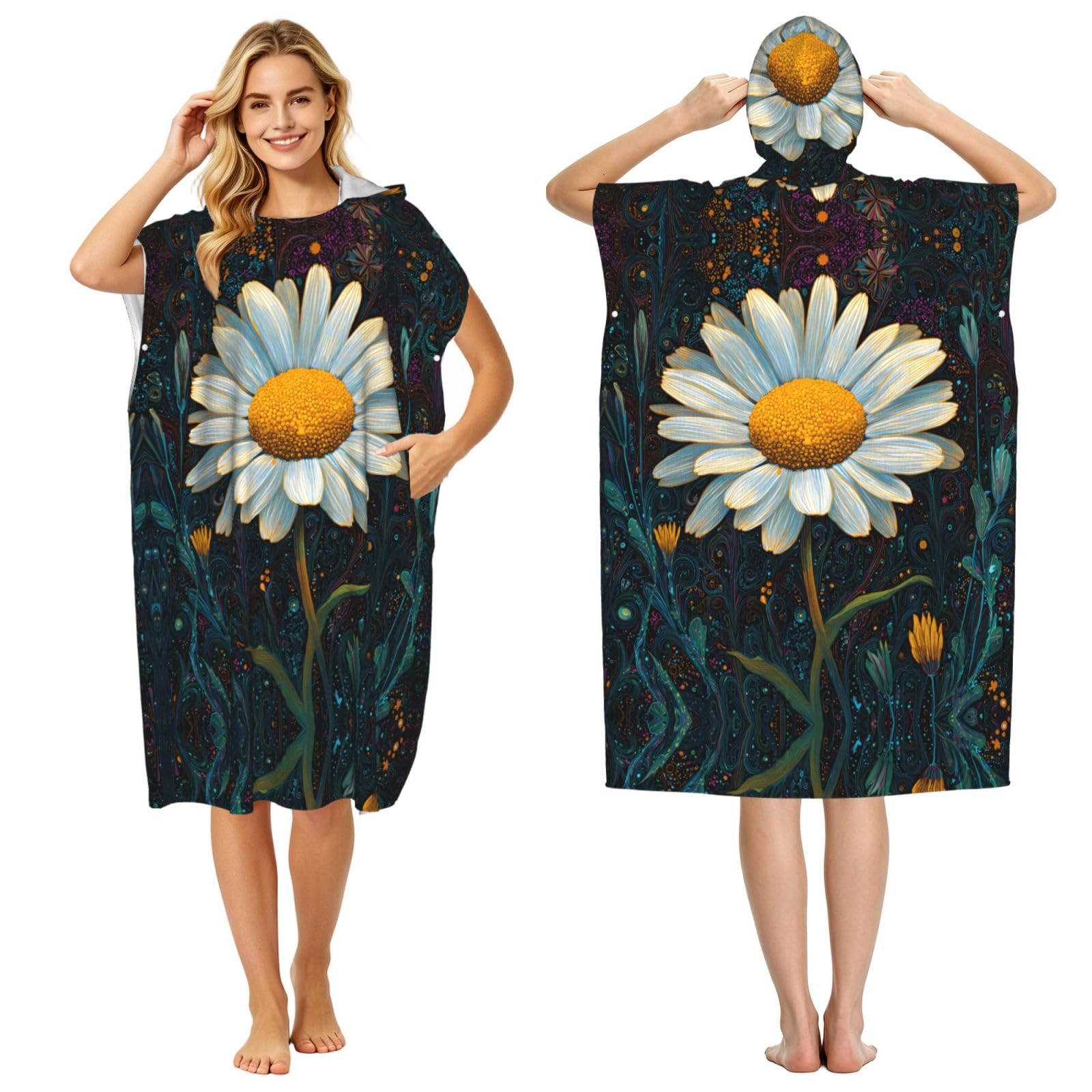 EZDLOWVBA Whimsical Daisy Print Hooded Poncho Microfiber Beach Towel,Adult Women & Men Changing Robe,Lightweight Summer Surf Swim Bath Poncho Towel