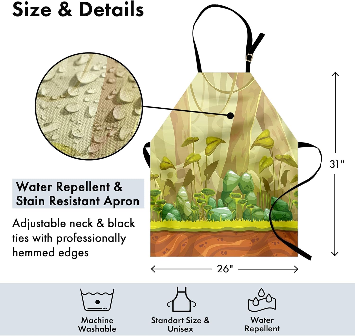 Lunarable Forest Apron, Trippy Leaves Woodland Foliage Plants Eco Environment Jungle Graphic Art, Unisex Kitchen Bib Apron with Adjustable Neck for Cooking Baking Gardening, Cinnamon Avocado Green