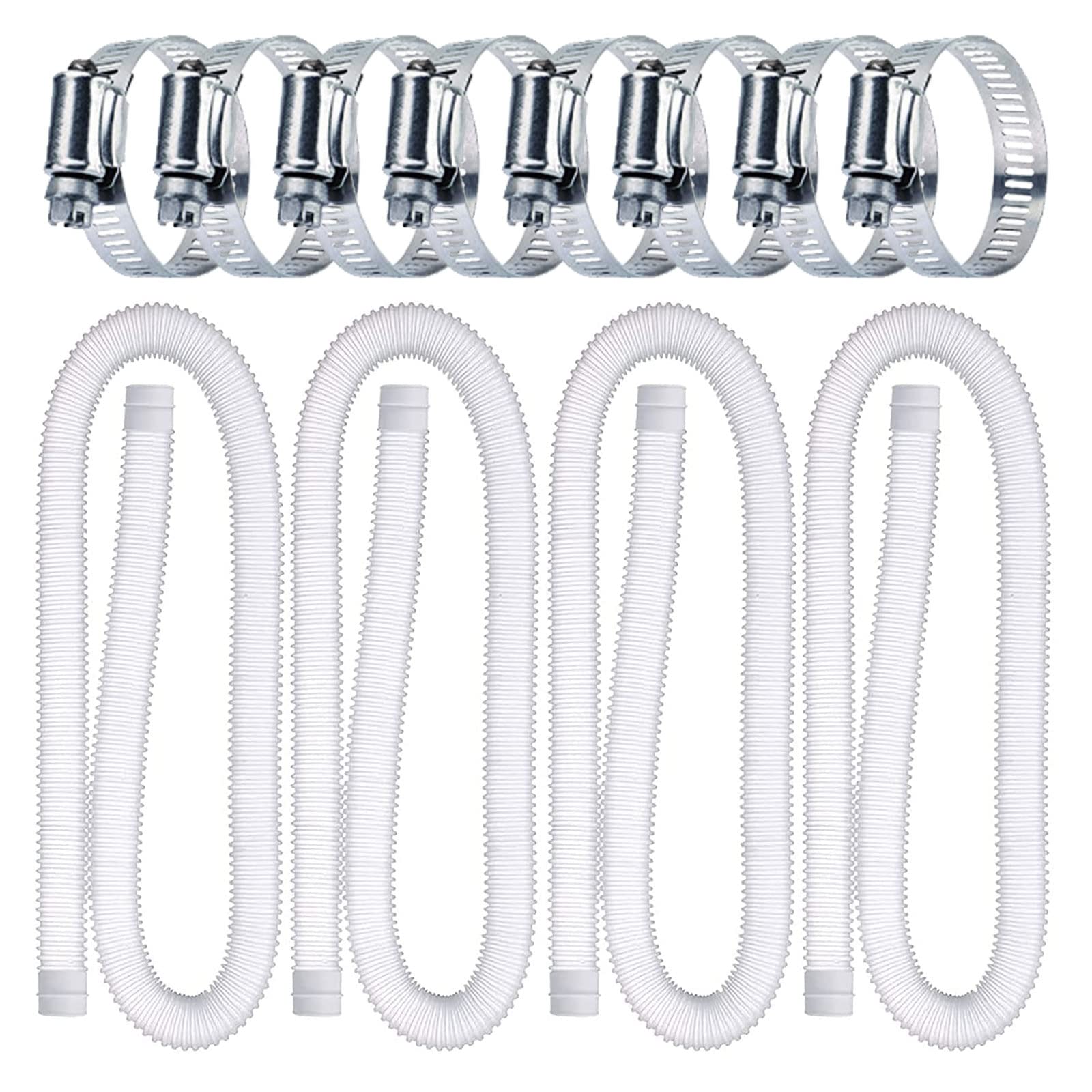 38mm Poolschlauch für Poolpumpen, 4 Stück 1,5m Ersatzschlauch für den Pool Schlauch Poolschlauch Poolpumpe Schlauch mit acht Metallklemme für Oberirdische Pools Ersatzschlauch, Weiß