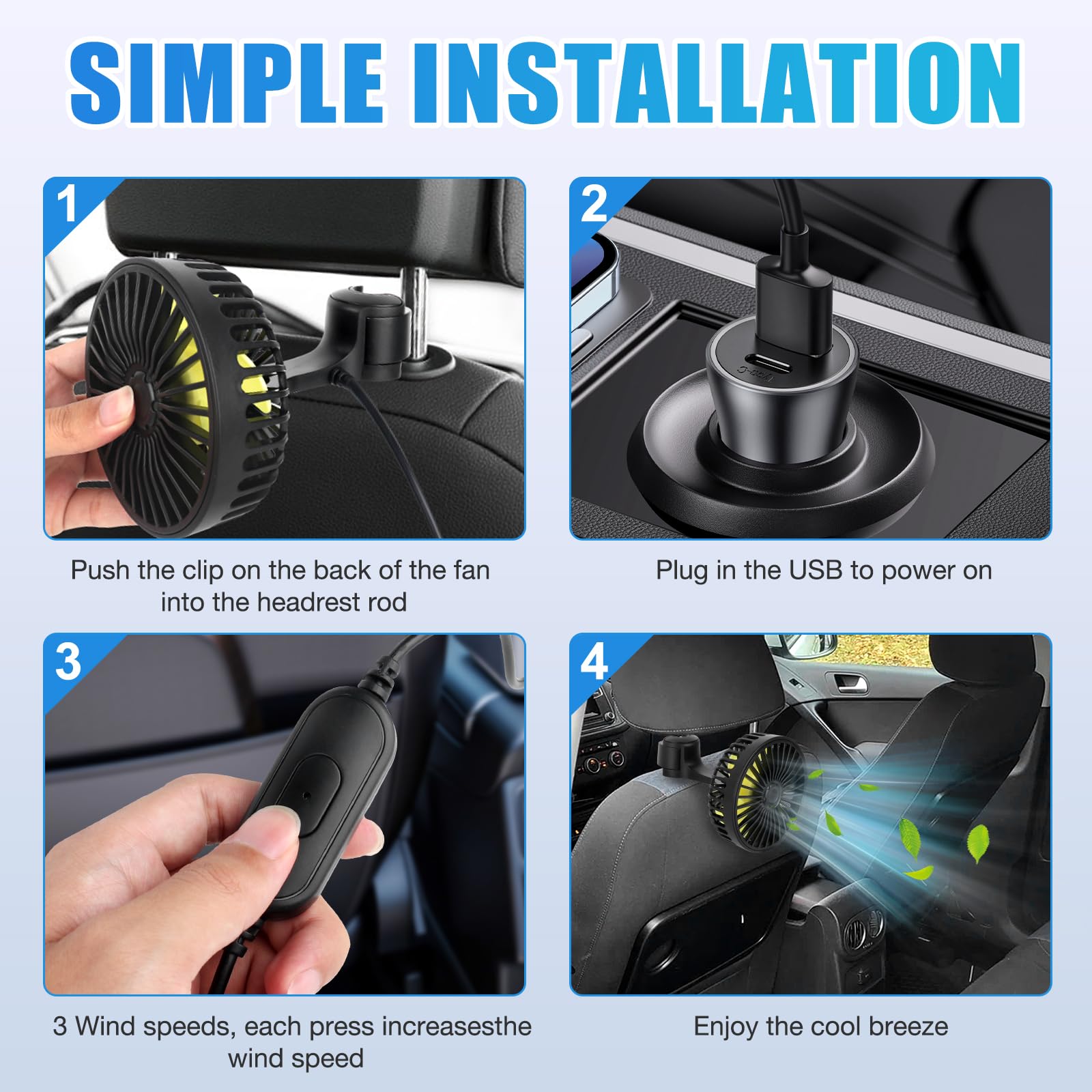 Wentylator samochodowy 5V USB 3 prędkości regulowany obracany 360° przenośny chłodzący