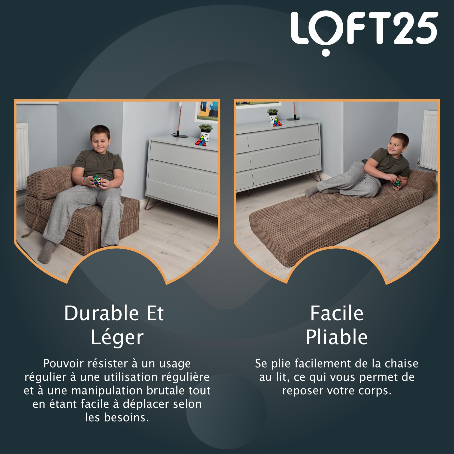 Loft 25 Futon Pliable Jumbo Cord Single Z-Bed Matelas Sofa | Sleepover Guest Salon | Soft et Confortable Chaise | léger et Durable | Qualité Cordon Tissu Meuble (Moka)