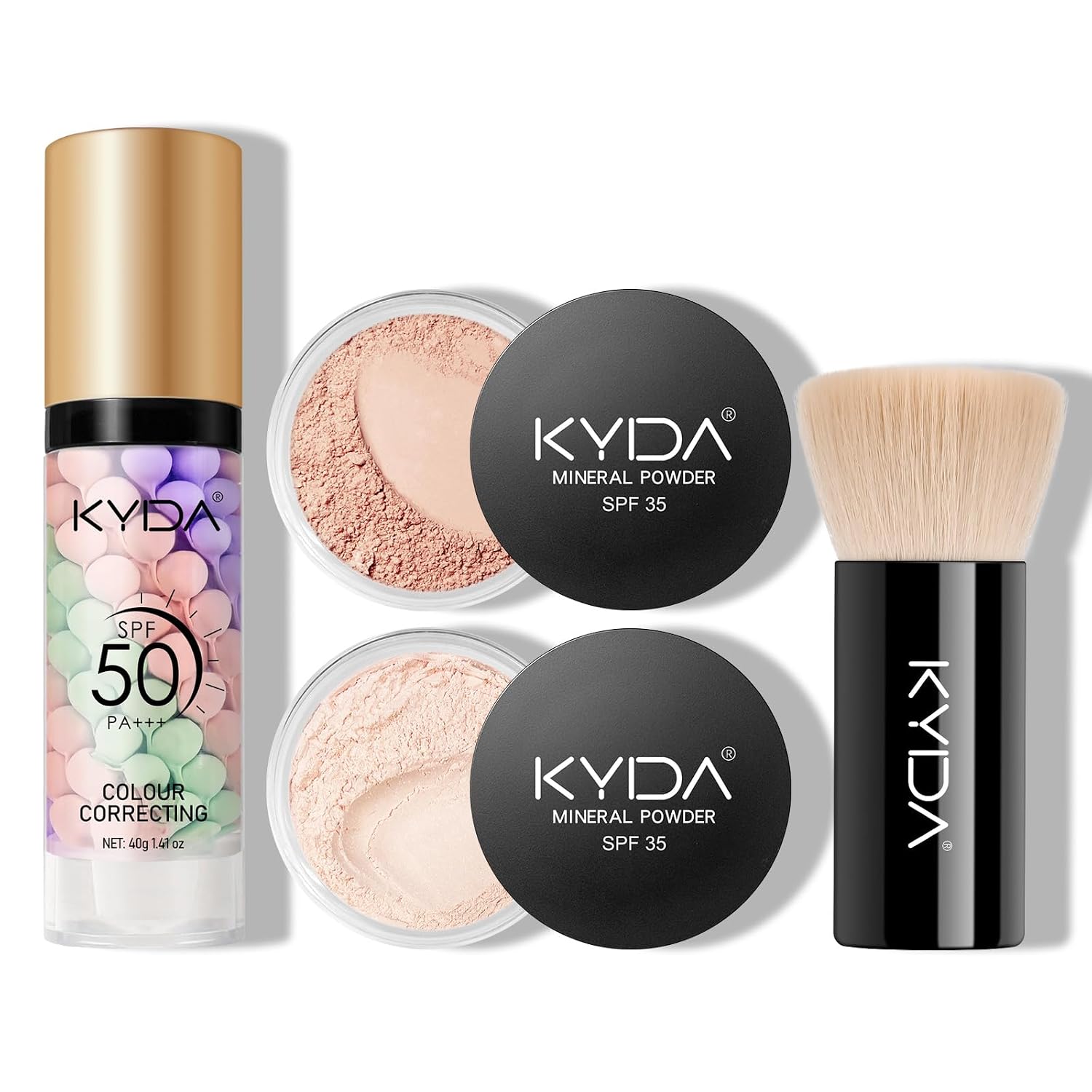 KYDA Mineral Makeup Kit, Includes SPF 50 Color Correcting Primer, SPF 35 Loose Powder Foundation + Translucent Loose Setting Powder, Foundation Brush, Makeup Starter Set, Travel Size - Fairly Medium