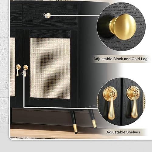 Miniatura 3 de 4ever2buy Gabinete de buffet negro con almacenamiento, armario de ratán con 3 cajones y 3 puertas de ratán, gabinete de buffet de ratán con patas